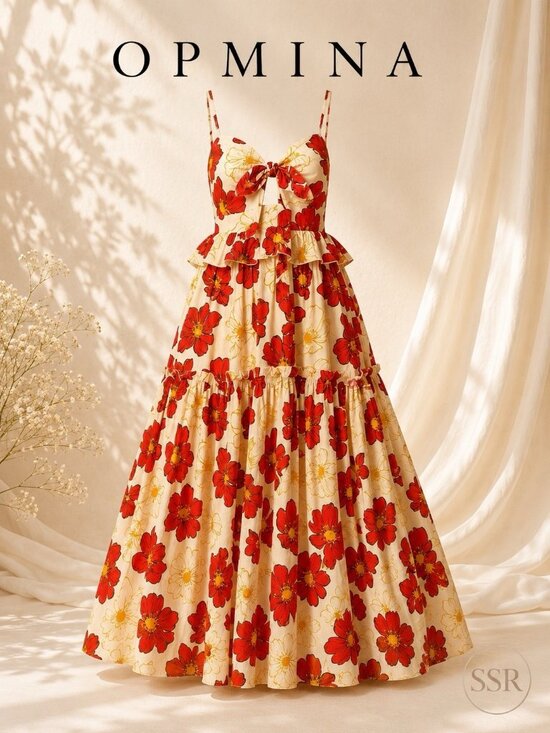 opmina Dresses & Skirts - Opmina Maya Poppies Floral 100% Floral Cotton Tie Front Cutout Maxi Dress Size M